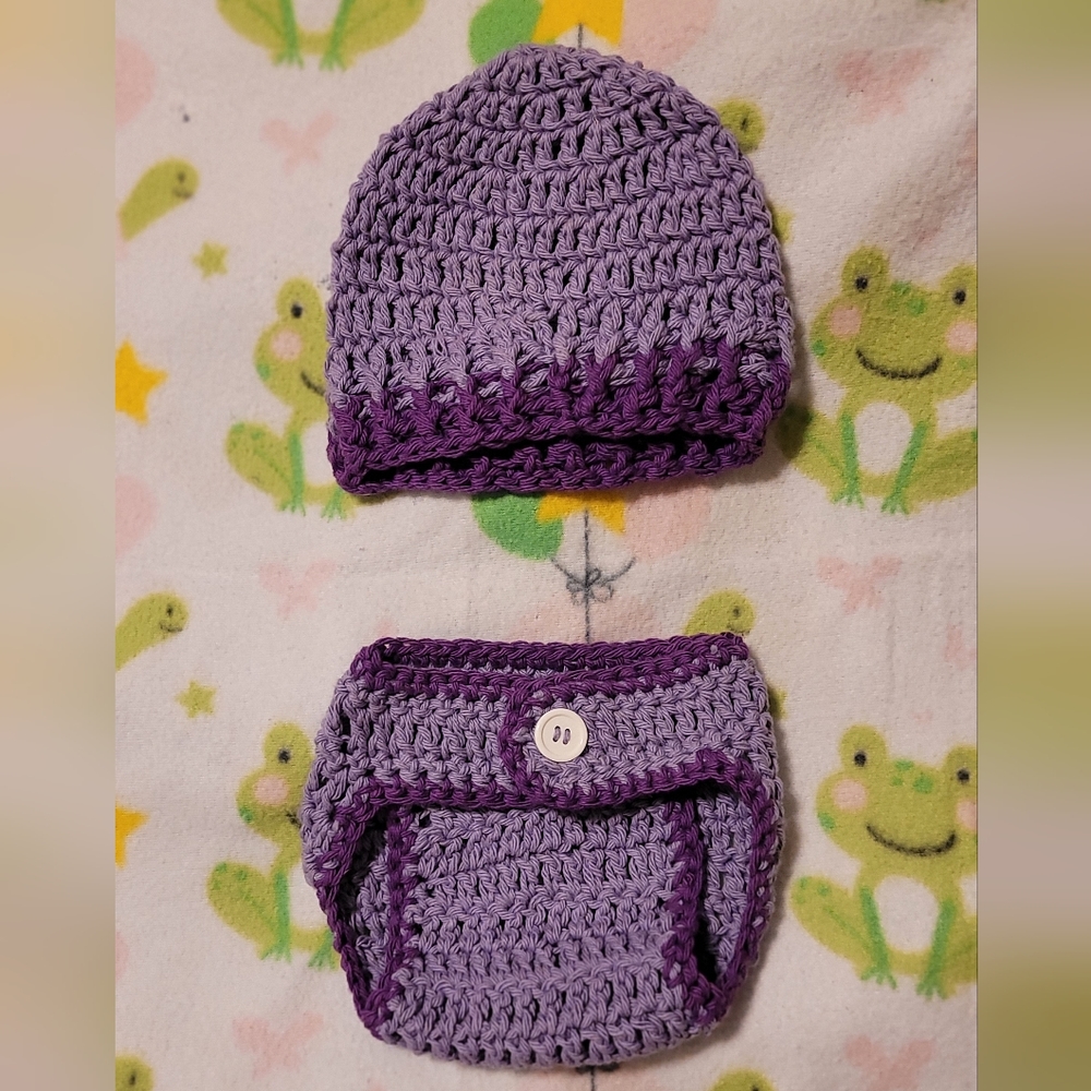Crocheted baby Beanie and diaper cover Purple